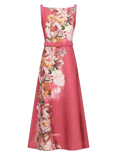 Kay Unger Women's Slyvie Floral Satin Belted Tea-Length Dress | Thumbnail 1 Kay Unger Women's Slyvie Floral Satin Belted Tea-Length Dress | Thumbnail 1
