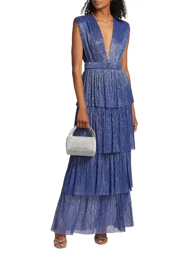 Sabina Musáyev Women's Skylar Tiered Belted Metallic Gown - Dark Blue - Size Small | Thumbnail 2