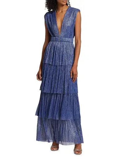 Sabina Musáyev Women's Skylar Tiered Belted Metallic Gown - Dark Blue - Size Small | Thumbnail 3