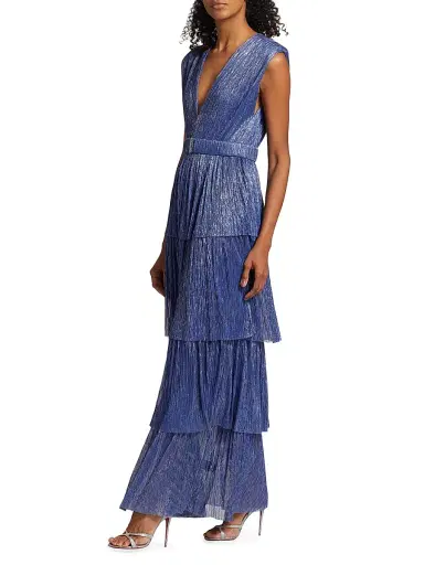 Sabina Musáyev Women's Skylar Tiered Belted Metallic Gown - Dark Blue - Size Small | Thumbnail 4