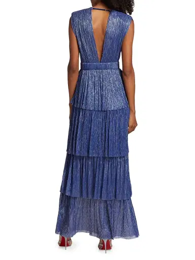 Sabina Musáyev Women's Skylar Tiered Belted Metallic Gown - Dark Blue - Size Small | Thumbnail 5