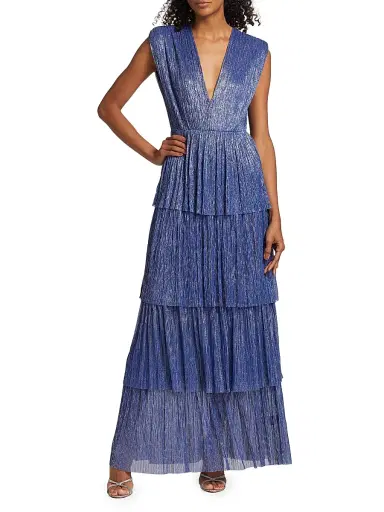 Sabina Musáyev Women's Skylar Tiered Belted Metallic Gown - Dark Blue - Size Small | Thumbnail 6