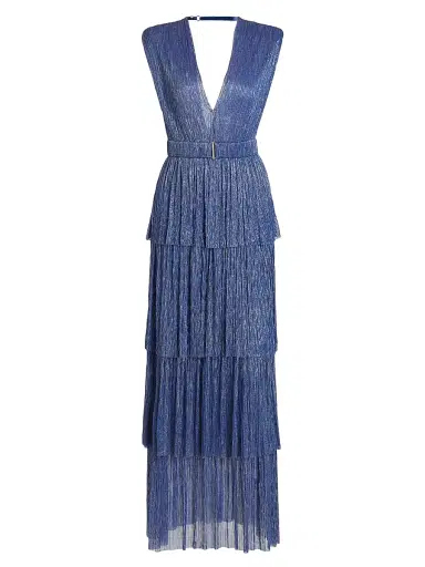 Sabina Musáyev Women's Skylar Tiered Belted Metallic Gown - Dark Blue - Size Small | Thumbnail 1