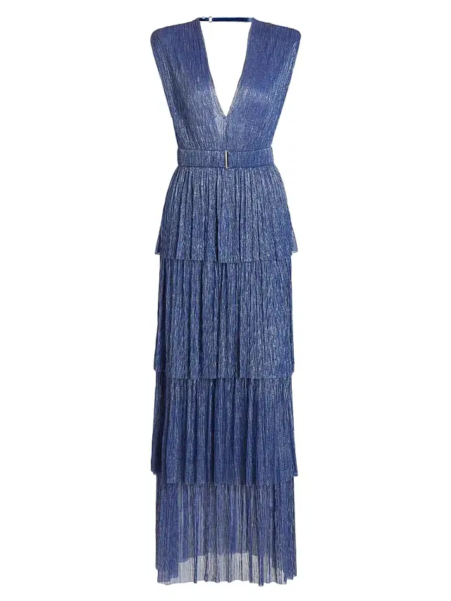 Sabina Musáyev Women's Skylar Tiered Belted Metallic Gown - Dark Blue