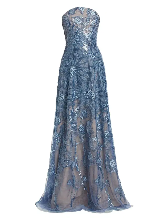 Women's Floral Beaded Strapless A-Line Gown - Blue