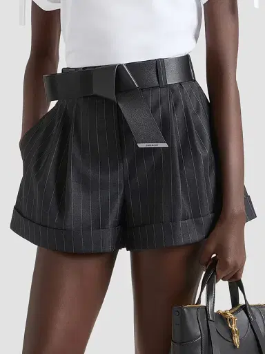Givenchy Women's Double Pleat Striped Shorts in Wool - Grey Mix - Size 12 | Thumbnail 3