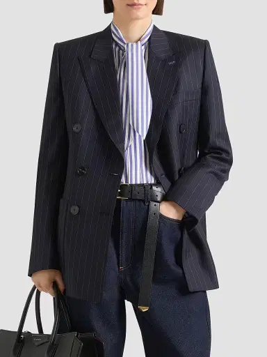 Givenchy Women's Double-Breasted Striped Jacket in Wool - Dark Navy - Size 12 | Thumbnail 3