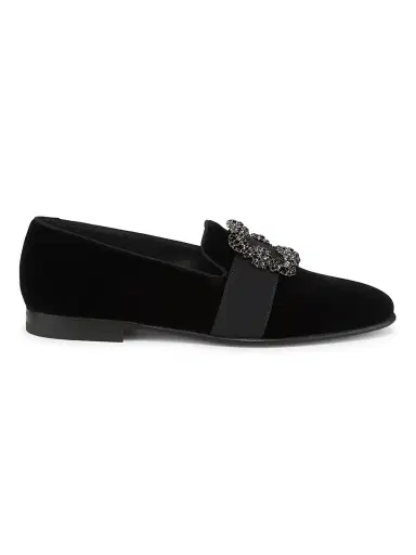 Manolo Blahnik Men's Carlton Crystal-Buckle Loafers - Black Silver Velvet - Size 7.5 | Thumbnail 1 Manolo Blahnik Men's Carlton Crystal-Buckle Loafers - Black Silver Velvet - Size 7.5 | Thumbnail 1