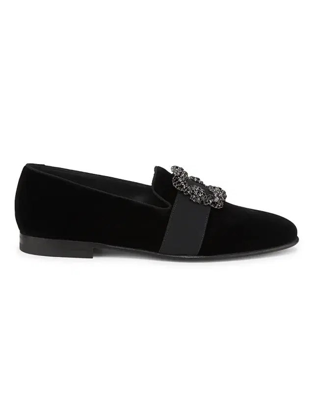 Manolo Blahnik Men's Carlton Crystal-Buckle Loafers - Black Silver Velvet