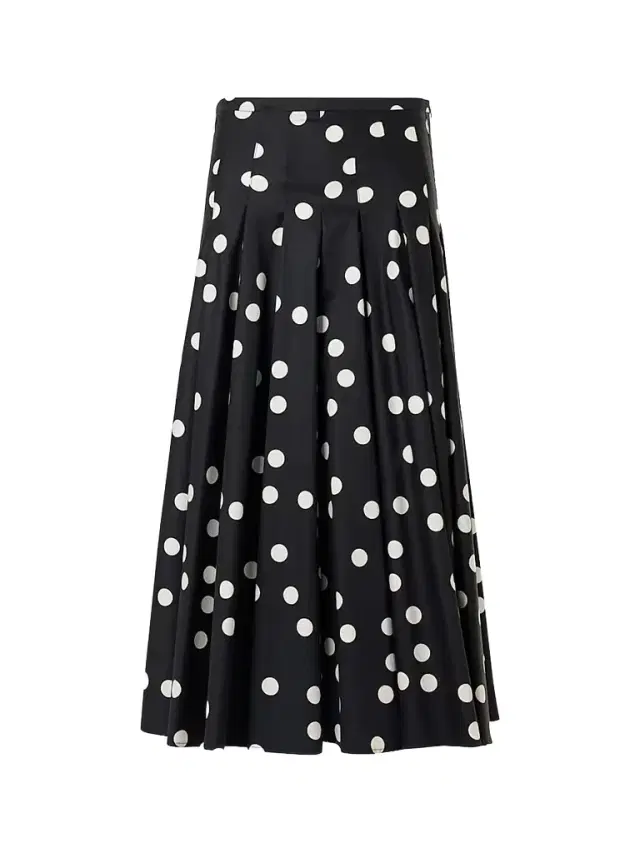 Women's Polka Dot Cotton Satin Midi Skirt - Black Cream