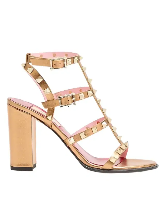 Valentino Garavani Women's Rockstud Laminated Calfskin 90MM Sandals with Straps - Gold