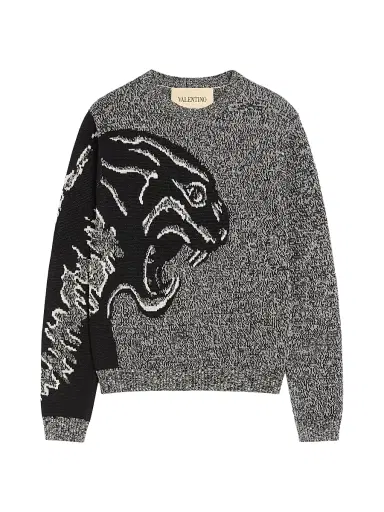 Valentino Garavani Men's Cotton and Mouliné Wool Sweater with Panther Jacquard | Thumbnail 1 Valentino Garavani Men's Cotton and Mouliné Wool Sweater with Panther Jacquard | Thumbnail 1