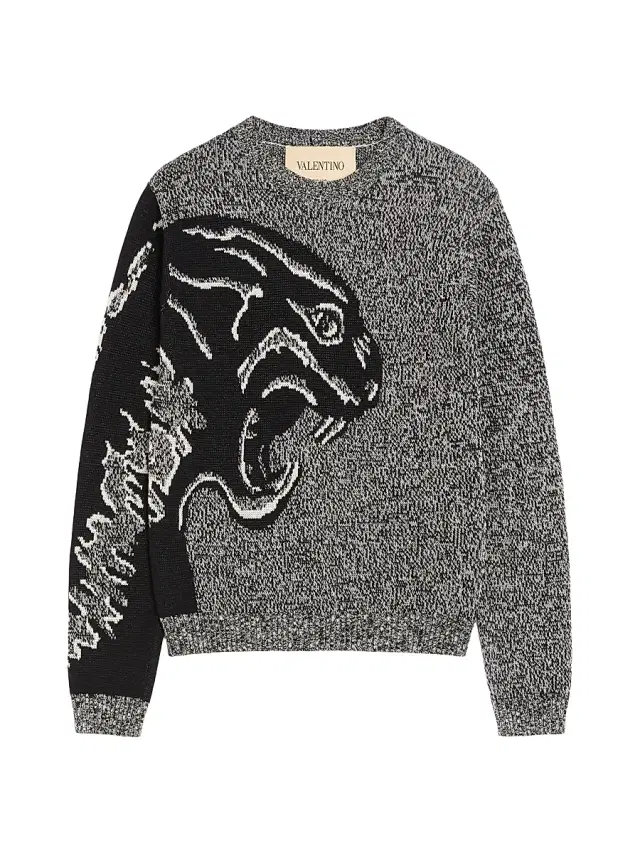 Valentino Garavani Men's Cotton and Mouliné Wool Sweater with Panther Jacquard -  Black