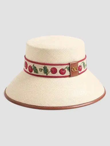Valentino Garavani Women's Cherryfic Straw Bucket Hat with Leather Trim and Cherryfic Ribbon - Natural Saddle Brown - Size Medium | Thumbnail 2 Valentino Garavani Women's Cherryfic Straw Bucket Hat with Leather Trim and Cherryfic Ribbon - Natural Saddle Brown - Size Medium | Thumbnail 2
