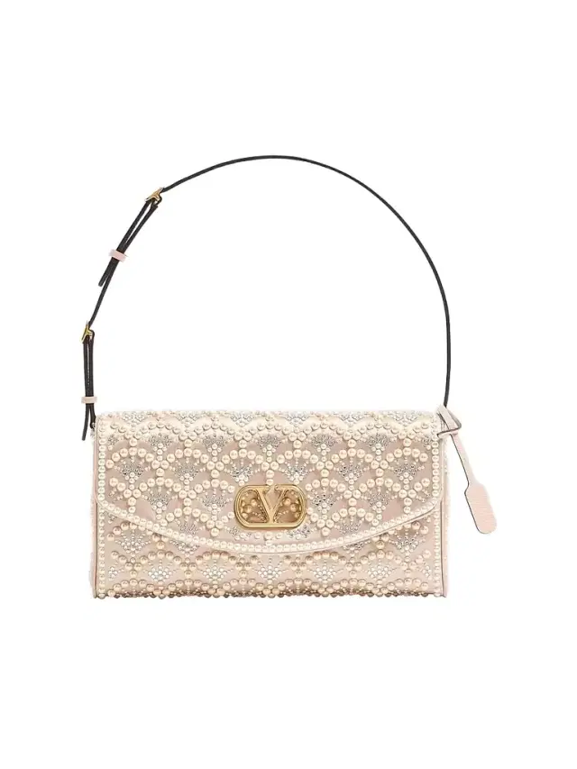 Valentino Garavani Women's Shoulder Bag with Pearls and Rhinestones - Cream