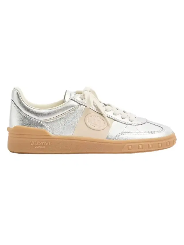 Valentino Garavani Women's Sneakers in Laminated Calfskin with Nappa Calfskin Leather Band - Silver