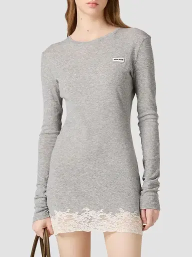 Miu Miu Women's Ribbed Jersey and Lace Dress - Grey - Size Medium | Thumbnail 2 Miu Miu Women's Ribbed Jersey and Lace Dress - Grey - Size Medium | Thumbnail 2