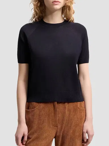 Moncler Women's Short-Sleeved Sweater in Wool - Dark Blue - Size Large | Thumbnail 2