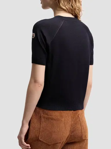 Moncler Women's Short-Sleeved Sweater in Wool - Dark Blue - Size Large | Thumbnail 3