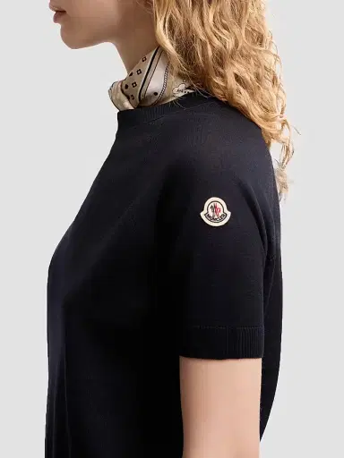 Moncler Women's Short-Sleeved Sweater in Wool - Dark Blue - Size Large | Thumbnail 4