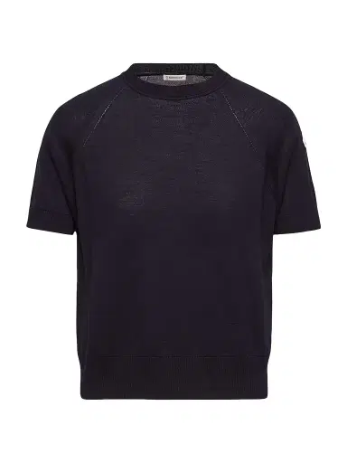 Moncler Women's Short-Sleeved Sweater in Wool - Dark Blue - Size Large | Thumbnail 1