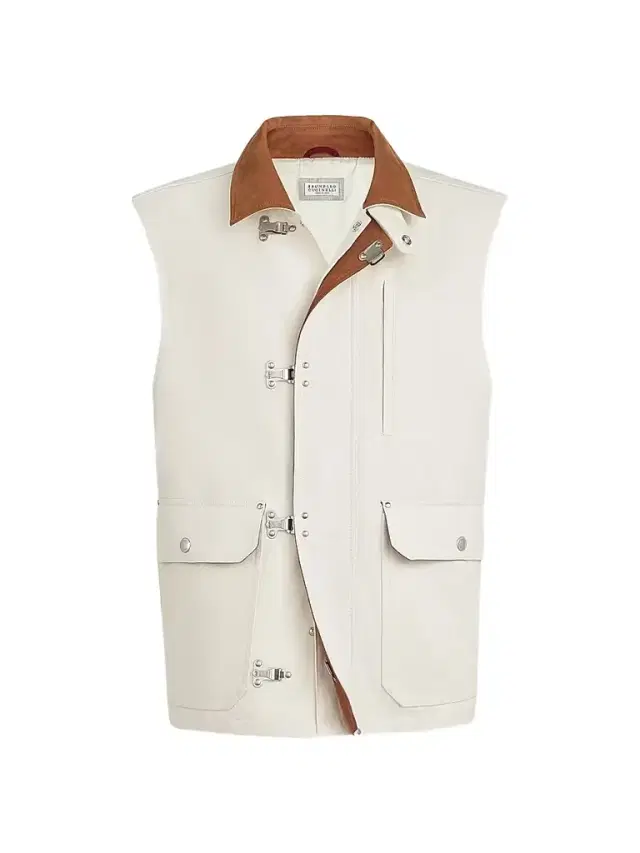 Brunello Cucinelli Men's Cotton and Linen Canvas Vest with Suede Inserts - White