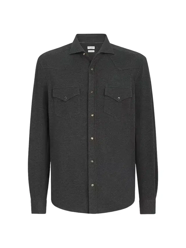 Brunello Cucinelli Men's Cotton Piqué Western Shirt - Anthracite