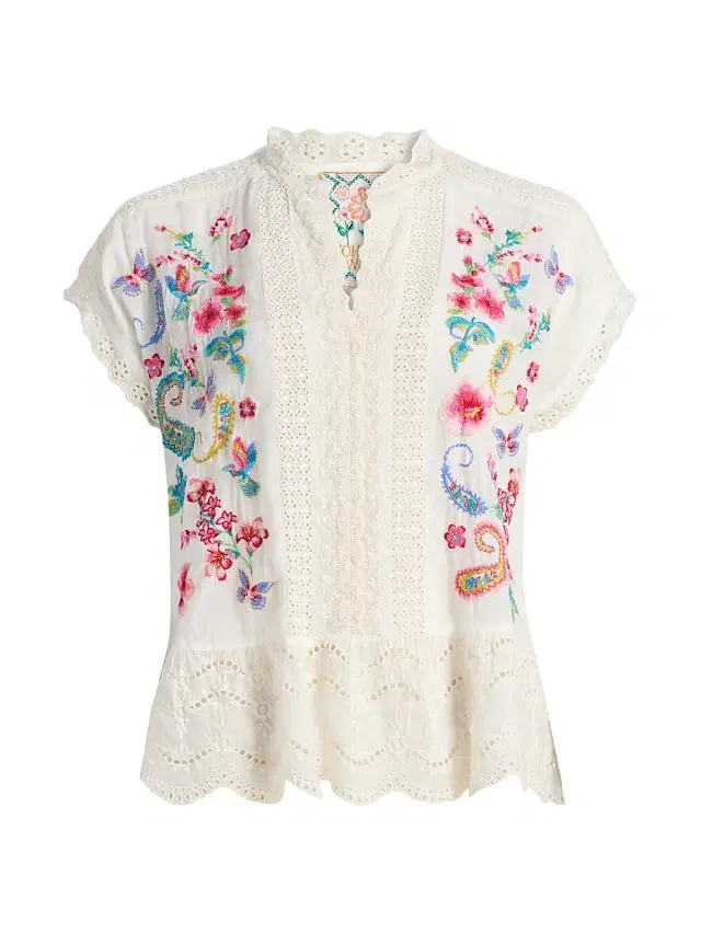 Johnny Was Women's Astrud Romana Embroidered Floral Blouse - Natural