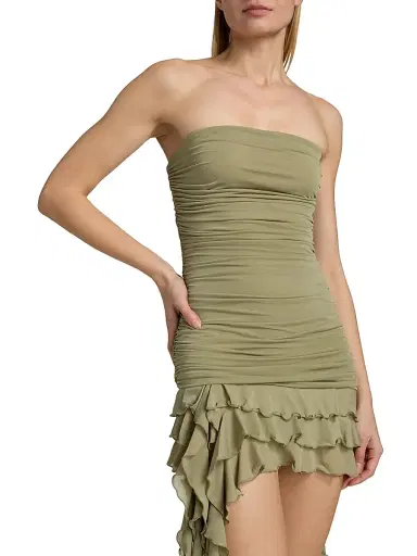 Ronny Kobo Women's Ginara Ruched Ruffled Strapless Minidress - Elm - Size XL | Thumbnail 6