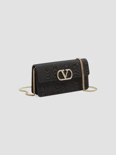 Valentino Garavani Women's VLogo Signature Chain Wallet in Moiré Fabric - Black | Thumbnail 2