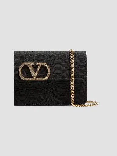 Valentino Garavani Women's VLogo Signature Chain Wallet in Moiré Fabric - Black | Thumbnail 6