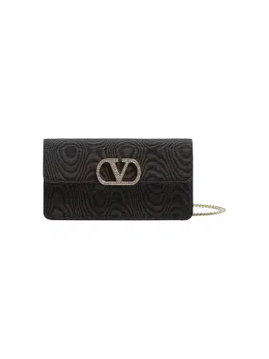 Valentino Garavani Women's VLogo Signature Chain Wallet in Moiré Fabric - Black | Thumbnail 1