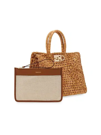 Ferragamo Women's Studio Box Open-Weave Raffia Top-Handle Bag | Thumbnail 4 Ferragamo Women's Studio Box Open-Weave Raffia Top-Handle Bag | Thumbnail 4
