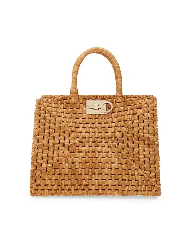 Ferragamo Women's Studio Box Open-Weave Raffia Top-Handle Bag | Thumbnail 1 Ferragamo Women's Studio Box Open-Weave Raffia Top-Handle Bag | Thumbnail 1