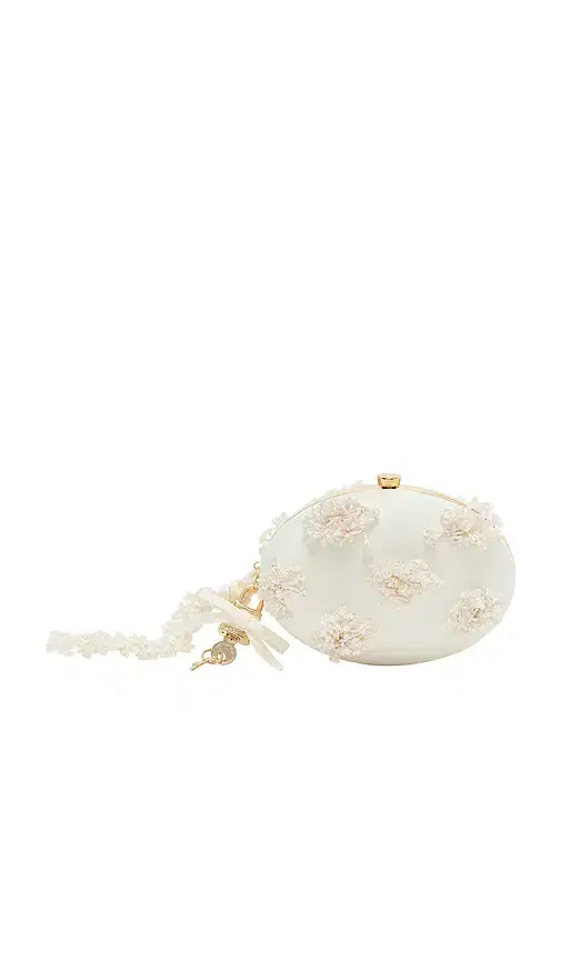 self-portrait Cream Satin Floral Beaded Oval Clutch