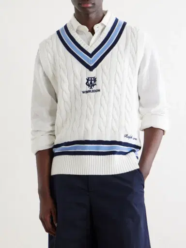 Polo Ralph Lauren Wimbledon Logo-Embroidered Cable-Knit Cotton Sweater Vest - Men | Thumbnail 3