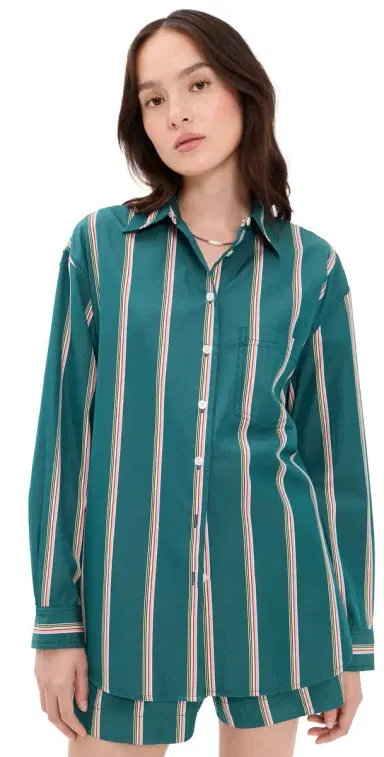 Madewell x Shopbop Easy Shirt In Mid-Weight Poplin Retro Stripe Deep Lagoon | Thumbnail 1 Madewell x Shopbop Easy Shirt In Mid-Weight Poplin Retro Stripe Deep Lagoon | Thumbnail 1