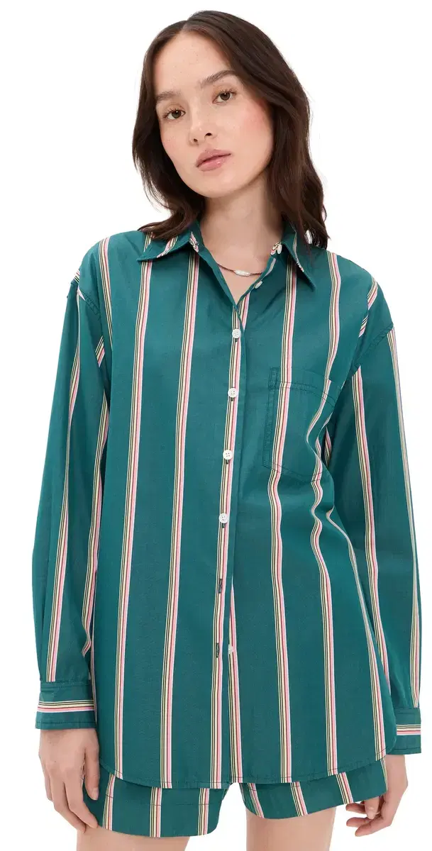 Madewell x hopbop Easy hirt In Mid-Weight Poplin Retro tripe Deep Lagoon