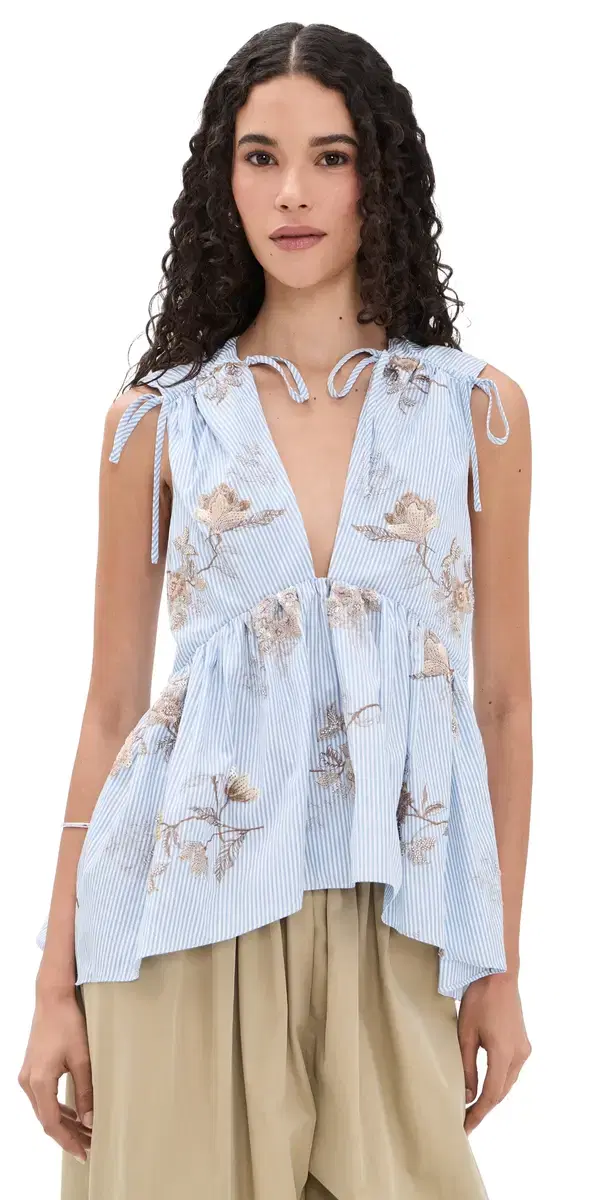 AKNVAS Lamia Poplin Embroidered Top Blue and White