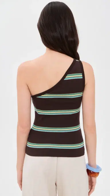 Madewell x hopbop The '90s One-Shoulder Tank in Compact Cotton Retro Dark Brown Yellow tripe | Thumbnail 3