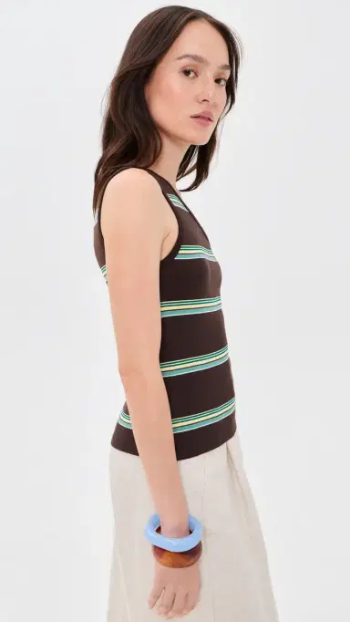 Madewell x hopbop The '90s One-Shoulder Tank in Compact Cotton Retro Dark Brown Yellow tripe | Thumbnail 4