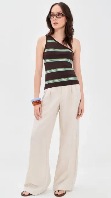 Madewell x hopbop The '90s One-Shoulder Tank in Compact Cotton Retro Dark Brown Yellow tripe | Thumbnail 5