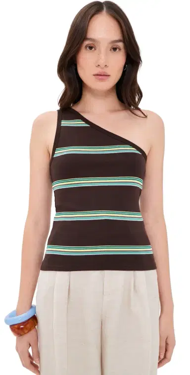 Madewell x hopbop The '90s One-Shoulder Tank in Compact Cotton Retro Dark Brown Yellow tripe | Thumbnail 1
