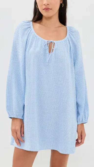 Eberjey Linen Blend Short Dress Gingham White/ummer Blue | Thumbnail 2