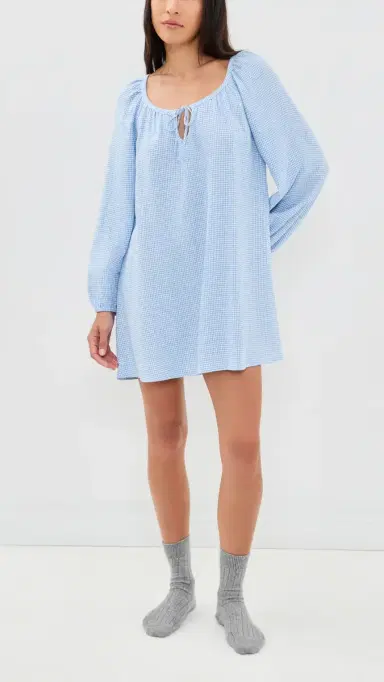 Eberjey Linen Blend Short Dress Gingham White/ummer Blue | Thumbnail 5