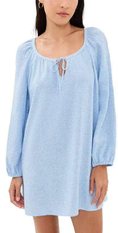 Eberjey Linen Blend Short Dress Gingham White/ummer Blue | Thumbnail 1