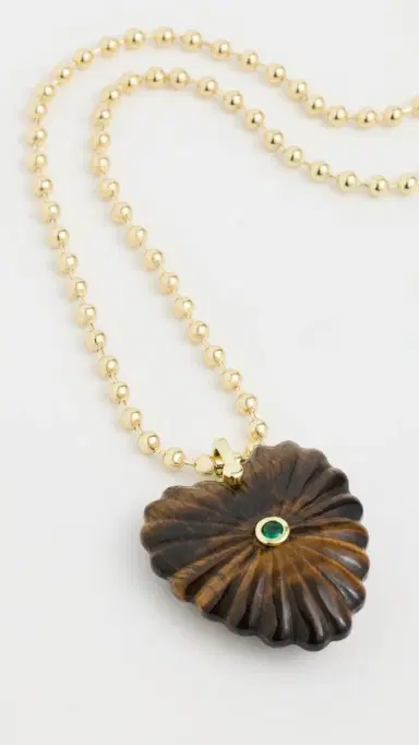 By Adina Eden Cubic Zirconia Bezel Heart Charm Ball Chain Necklace Tiger Eye One Size | Thumbnail 2