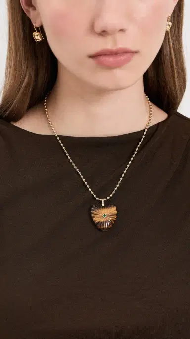 By Adina Eden Cubic Zirconia Bezel Heart Charm Ball Chain Necklace Tiger Eye One Size | Thumbnail 3