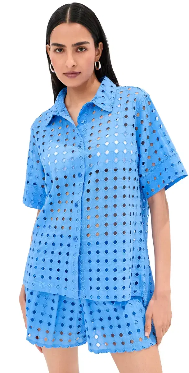 LE BOP eila Button Down Top Marina Blue