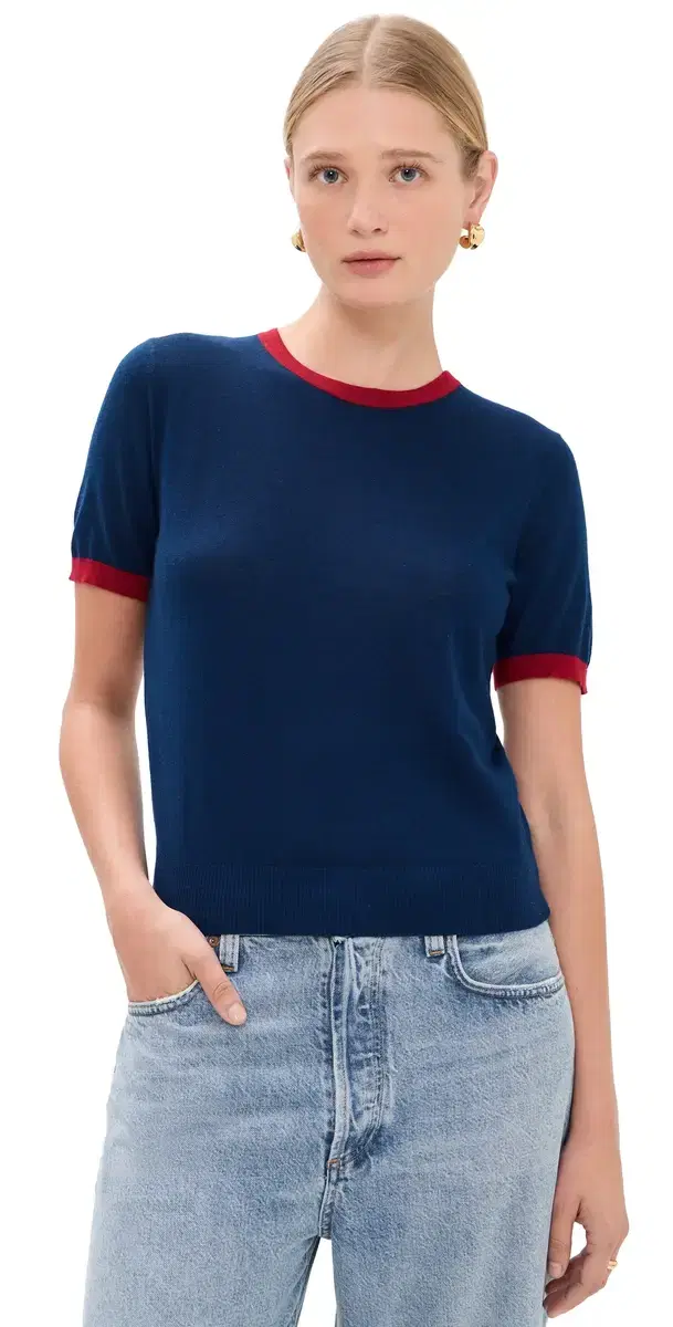 Guest in Residence Airy Ringer Tee Navy/Carmine